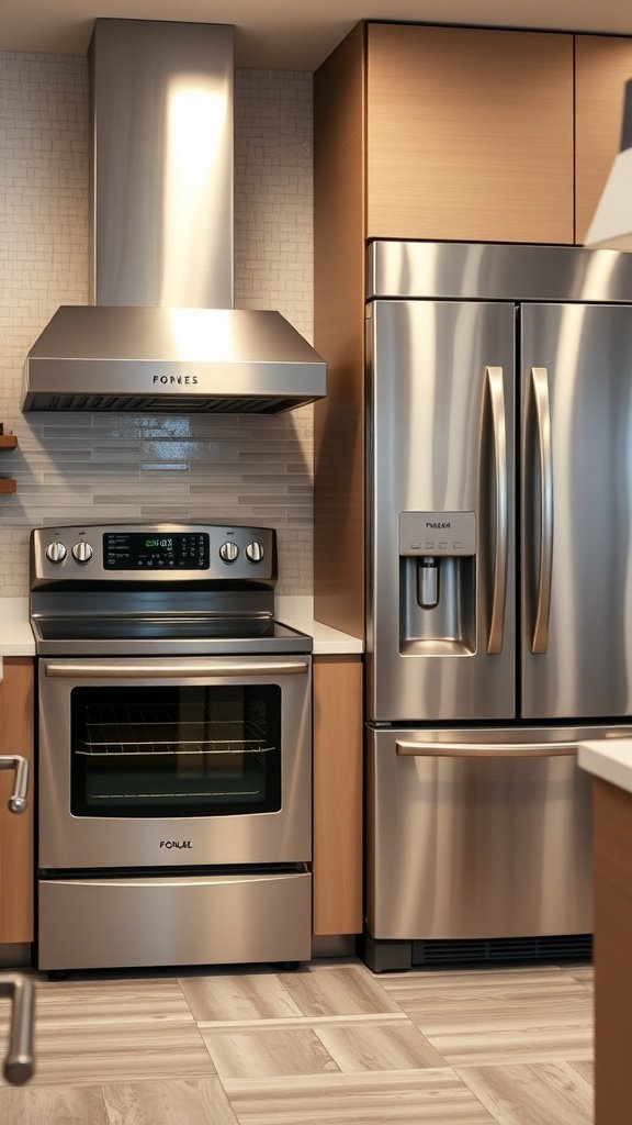 A modern kitchen featuring advanced stainless steel appliances including an oven and refrigerator.