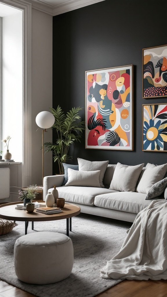 Living room with dark walls and vibrant art pieces on display.
