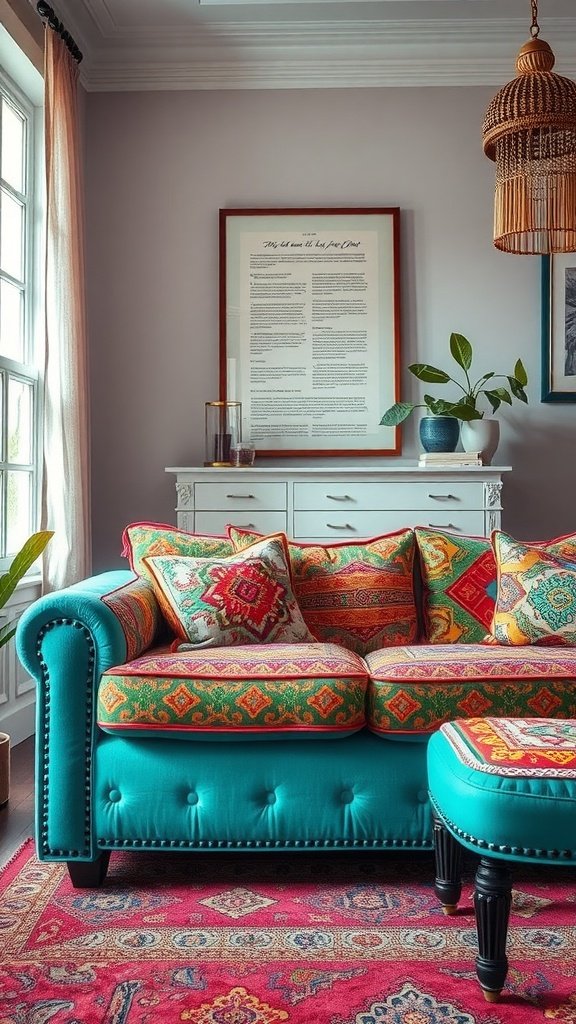 A colorful, patterned couch with decorative pillows and a matching ottoman in a cozy living room setting.