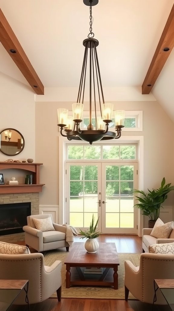 Modern farmhouse living room with a stylish chandelier and elegant seating.
