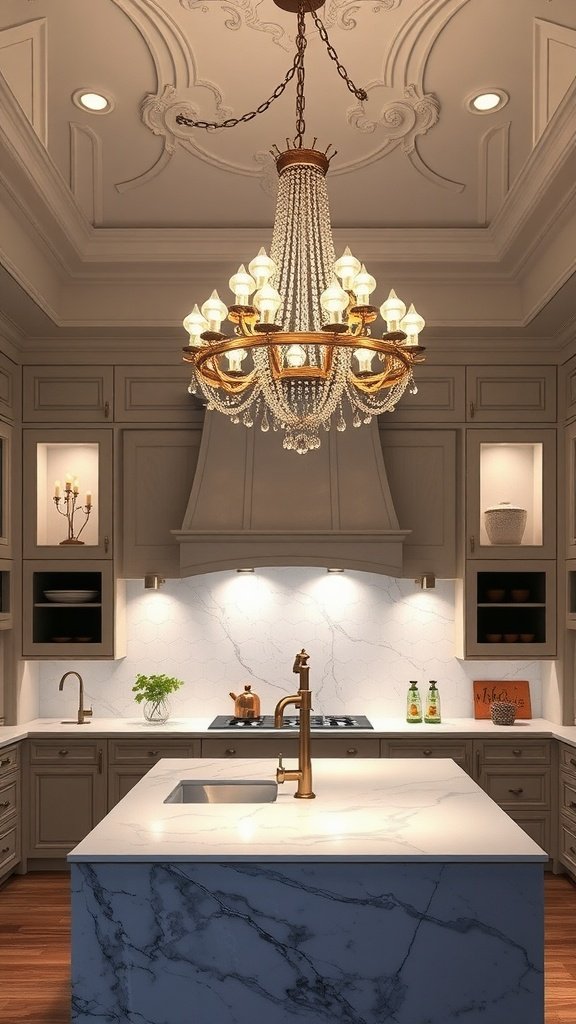 Elegant kitchen with a chandelier lighting fixture above a marble countertop.