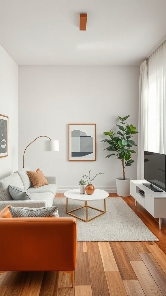 Minimalist living room with a bold orange sofa, stylish coffee table, and greenery.