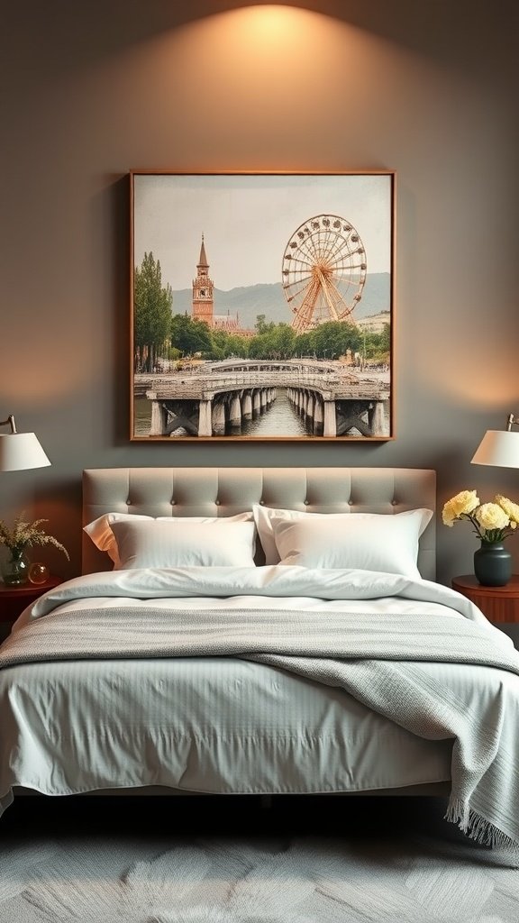 A stylish bedroom featuring wall art of a ferris wheel and bridge.