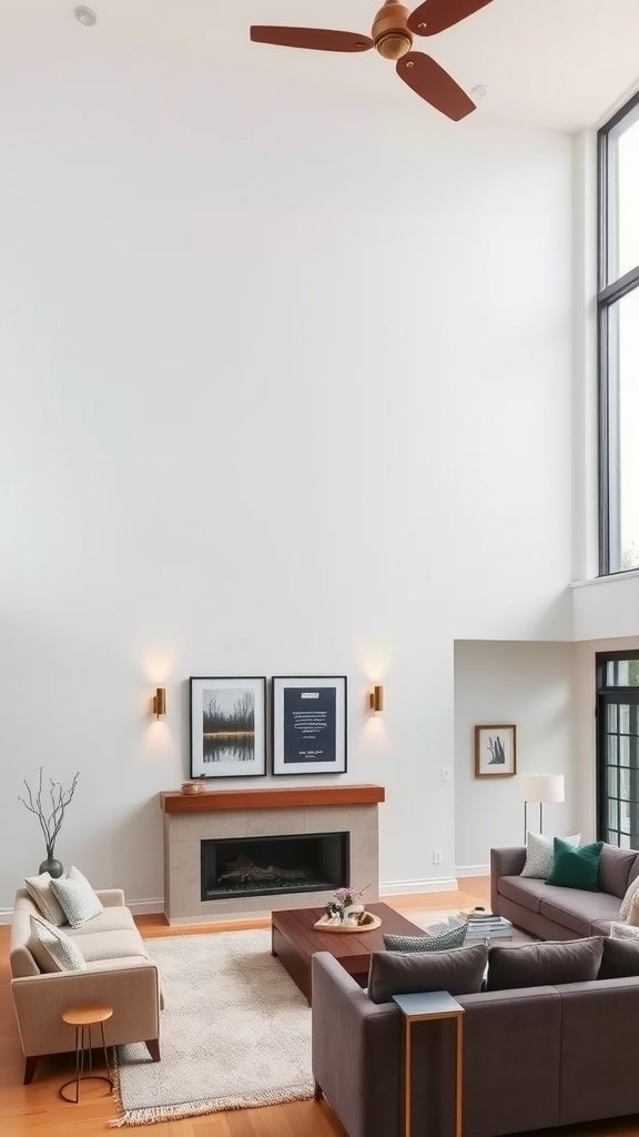 A modern double-height living room with wall sconces and stylish furniture.