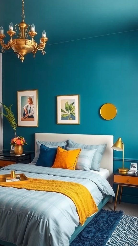 A stylish bedroom with steel blue walls and mustard gold accents, featuring a chandelier and colorful bedding.