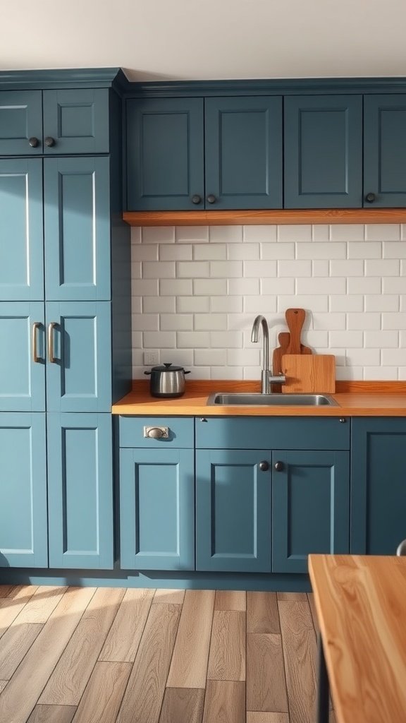A kitchen featuring steel blue cabinets with wooden countertops and a white tiled backsplash.