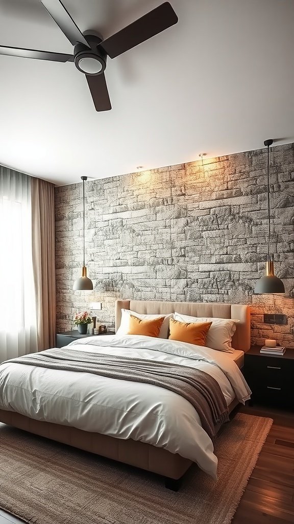 A cozy bedroom featuring a stone accent wall with a minimalist decor style.