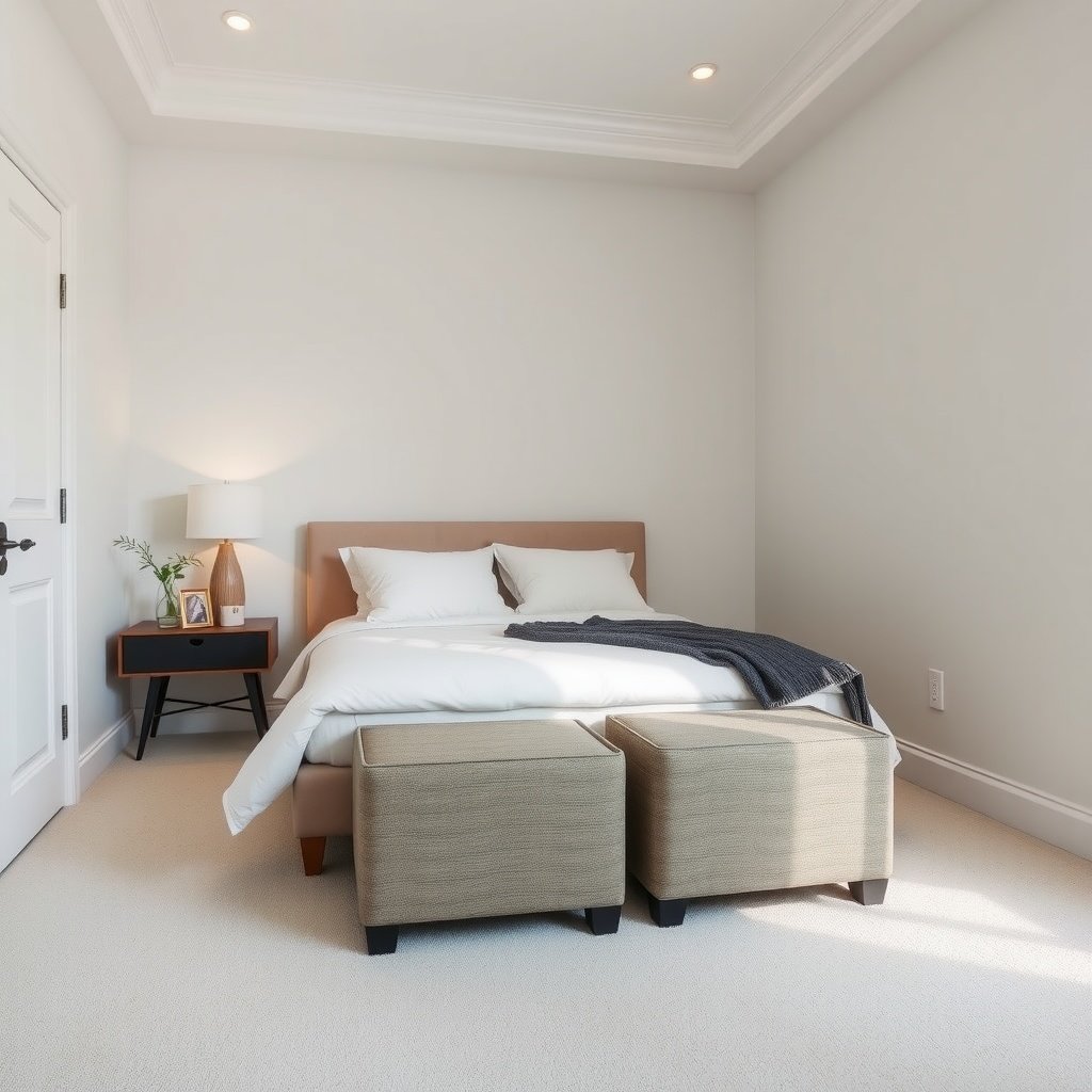 A cozy bedroom featuring a bed, bedside table, and two storage ottomans at the foot of the bed.