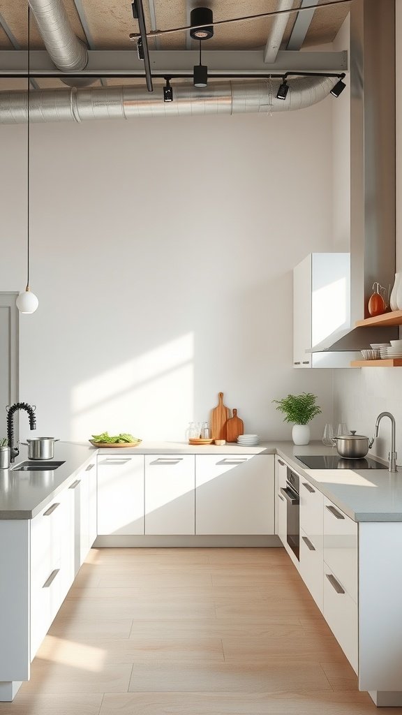 Modern open kitchen with sleek white cabinets and natural light.