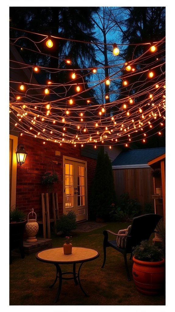A cozy outdoor space with a canopy of string lights glowing in the evening.