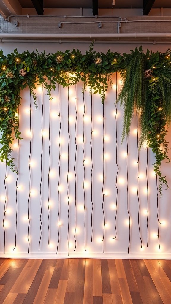 A wall adorned with string lights and greenery, creating a cozy backdrop.