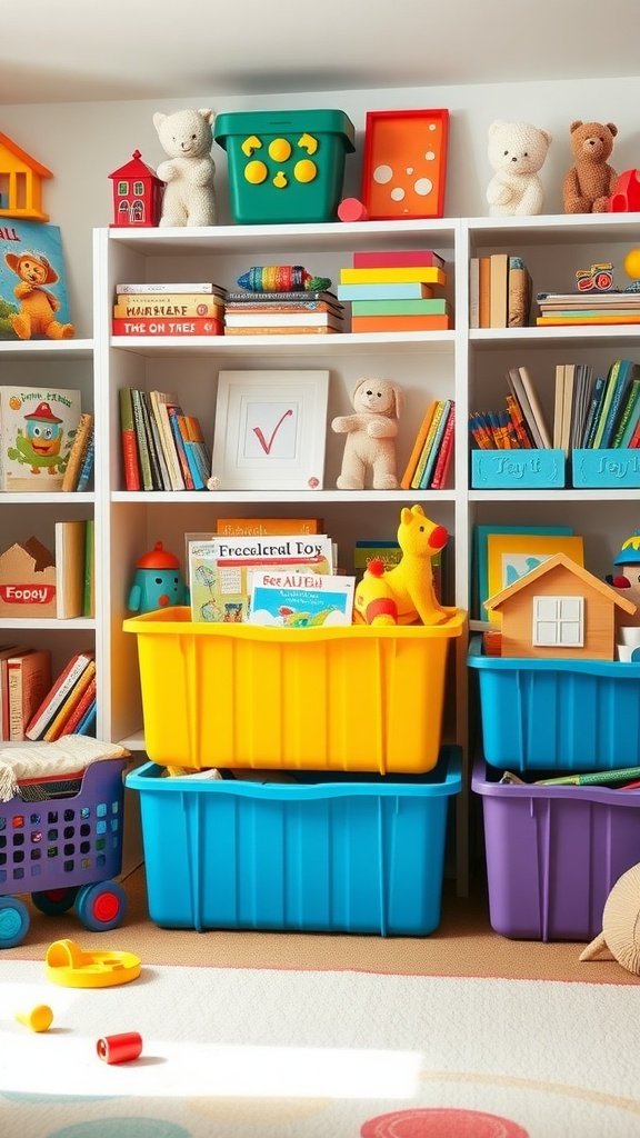 Colorful toy storage bins filled with toys on a shelf