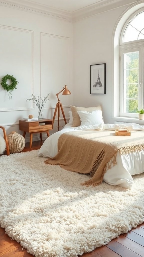 Cozy bedroom featuring a fluffy area rug, a bed with a tan throw blanket, and stylish decor.