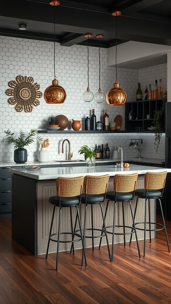 Stylish open kitchen bar area with modern seating and decorative elements.