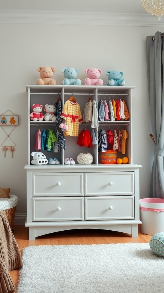 A stylish gray dresser filled with colorful toddler clothes and plush toys.