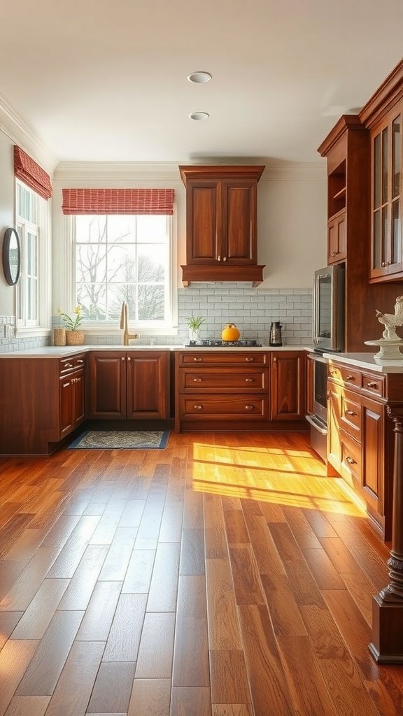 A kitchen with elegant hardwood flooring and wooden cabinets.