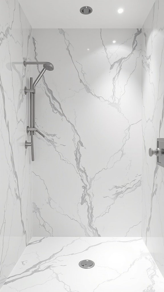 Modern shower featuring sleek marble walls and stylish grout lines