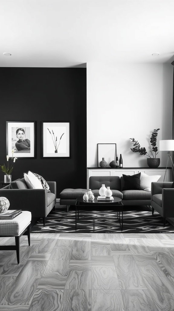 Modern neutral living room with a monochromatic color scheme in black and white.
