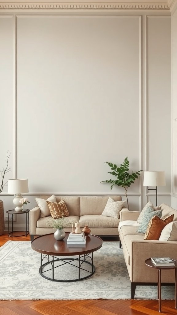 A stylish living room featuring neutral tones and elegant textures.