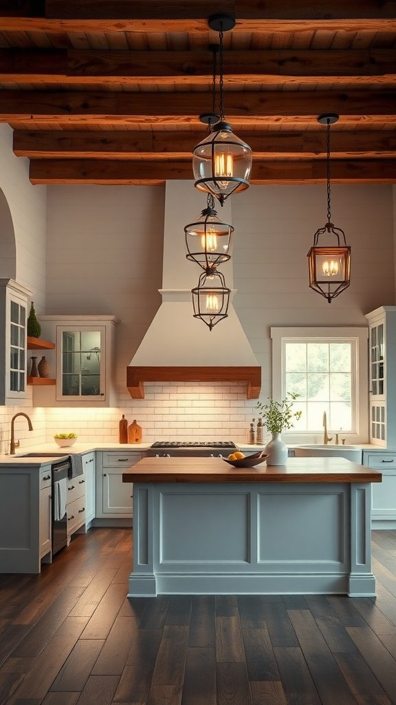 A cozy farmhouse kitchen featuring stylish pendant lighting fixtures hanging above the kitchen island.