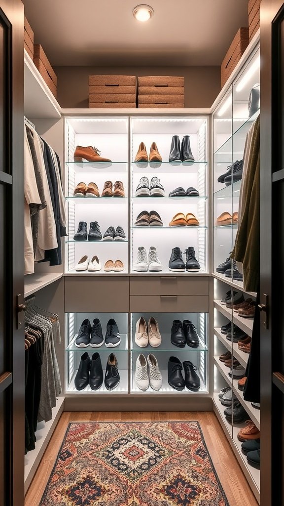 A walk-in closet featuring organized shoe storage with shelves and decorative boxes.