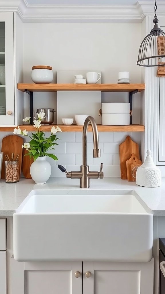 Stylish kitchen sink with a modern faucet and wooden shelves above.