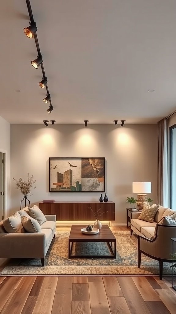 Track lighting fixtures illuminating a stylish living room