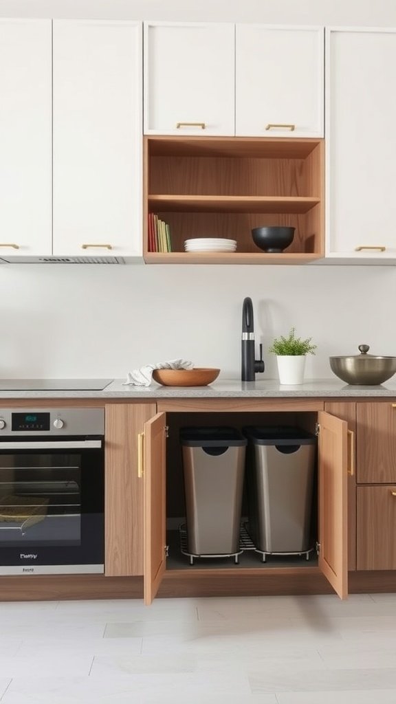 Modern minimalist kitchen with stylish waste management solutions.