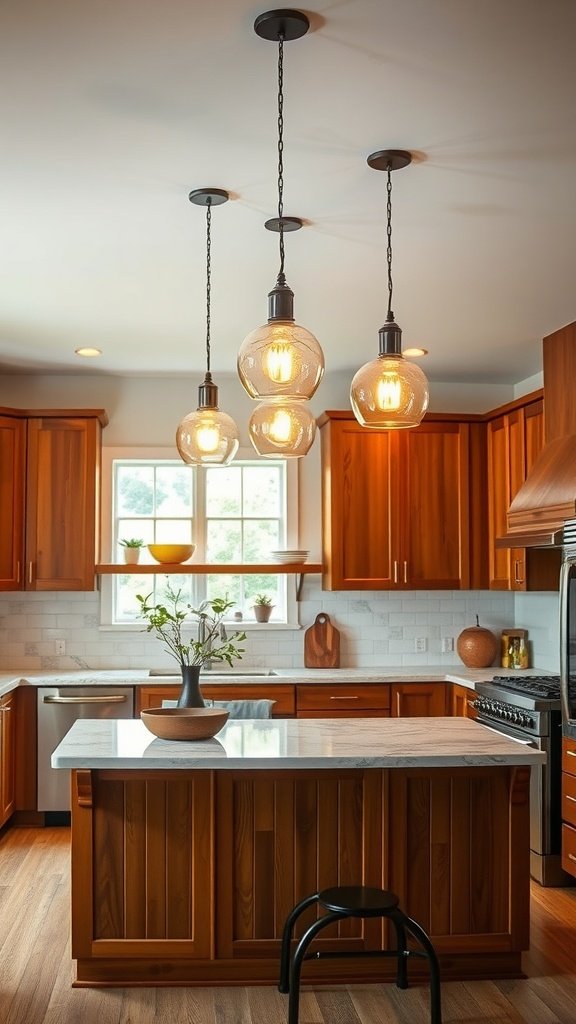 Stylish pendant lights hanging above a kitchen island with wood cabinetry.