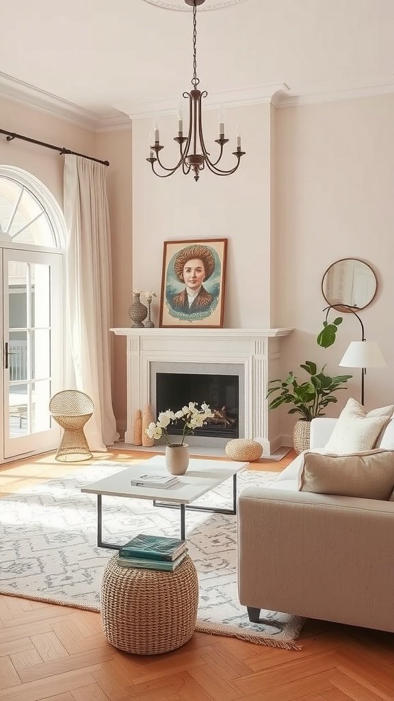A serene living room with blush walls, a fireplace, and cozy furniture.