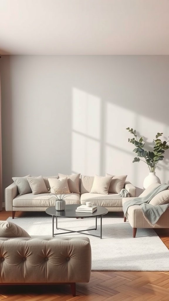 A luxurious living room featuring grey and blush color palette with comfortable furniture.