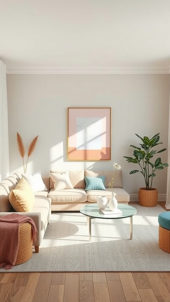 A modern living room with beige tones and pastel accents, featuring a light blue cushion and a pink throw.