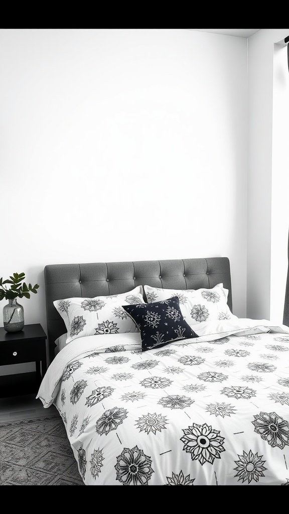 A black and white bedroom featuring floral patterned bedding and a cozy aesthetic.