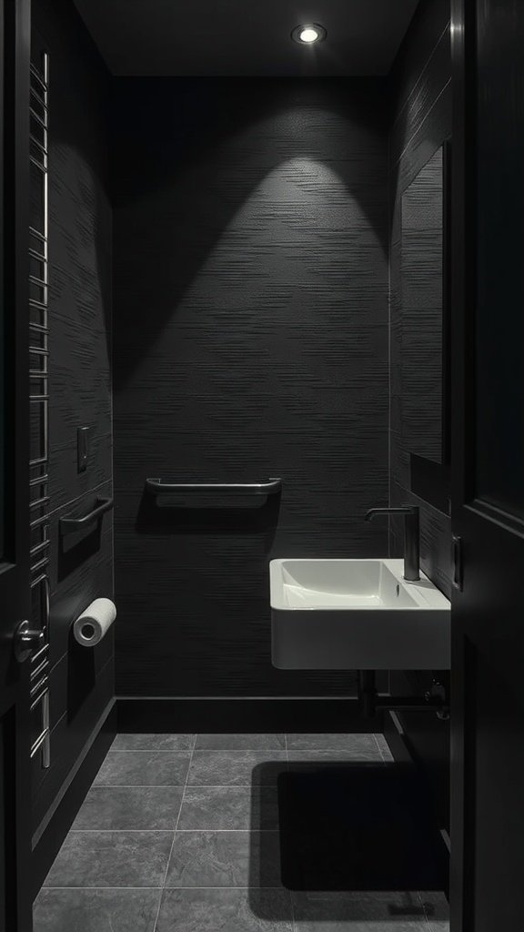 Small dark bathroom with textured wallpaper and modern sink.