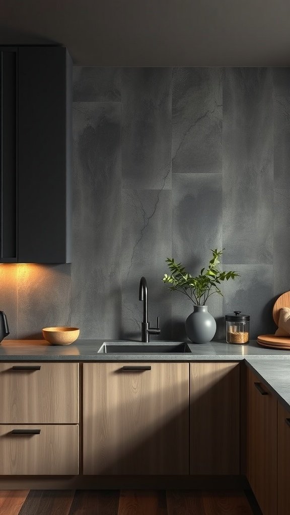 A modern kitchen featuring dark textured walls, wooden cabinets, and dramatic lighting.