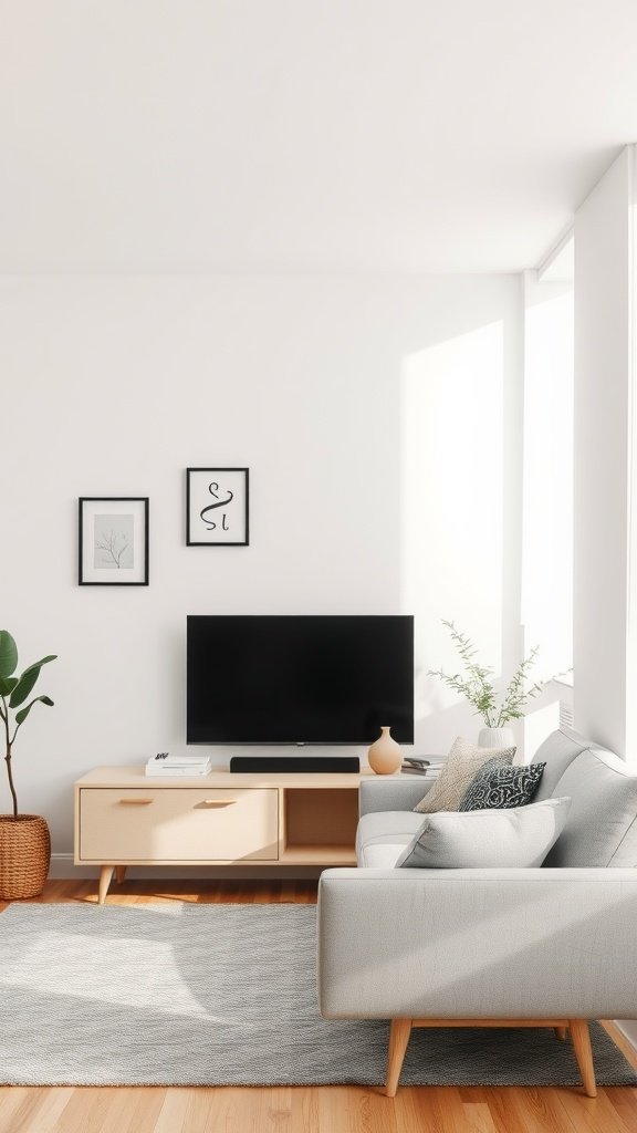 A small living room featuring minimalistic wall decor and light, airy furnishings.