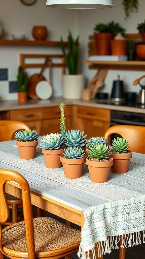 A dining table with various succulent plants in terracotta pots, set in a cozy kitchen.