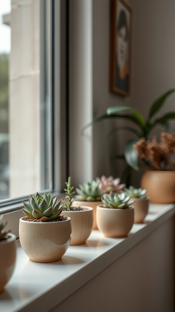 A row of succulents in beige pots on a windowsill, enhancing the living room's decor.
