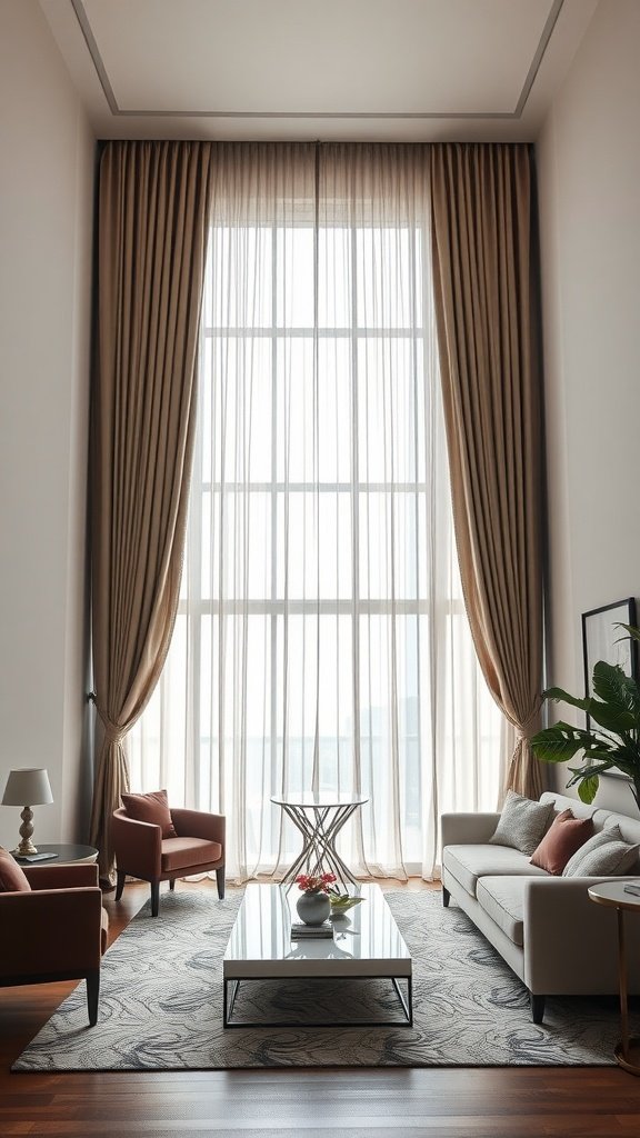 A living room featuring elegant silk drapes, modern furniture, and a cozy atmosphere.