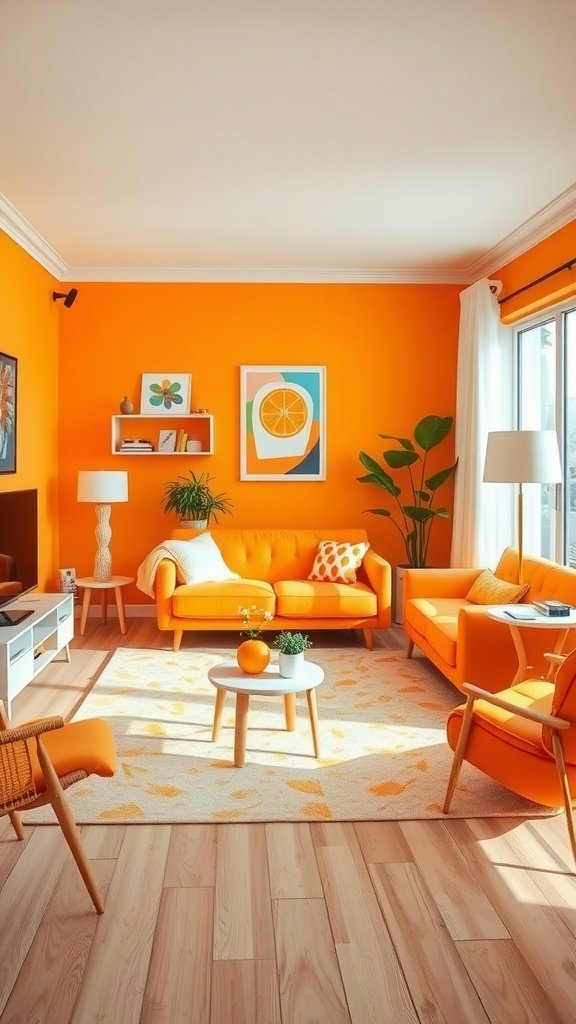 Living room painted in bright orange with orange furniture and decor