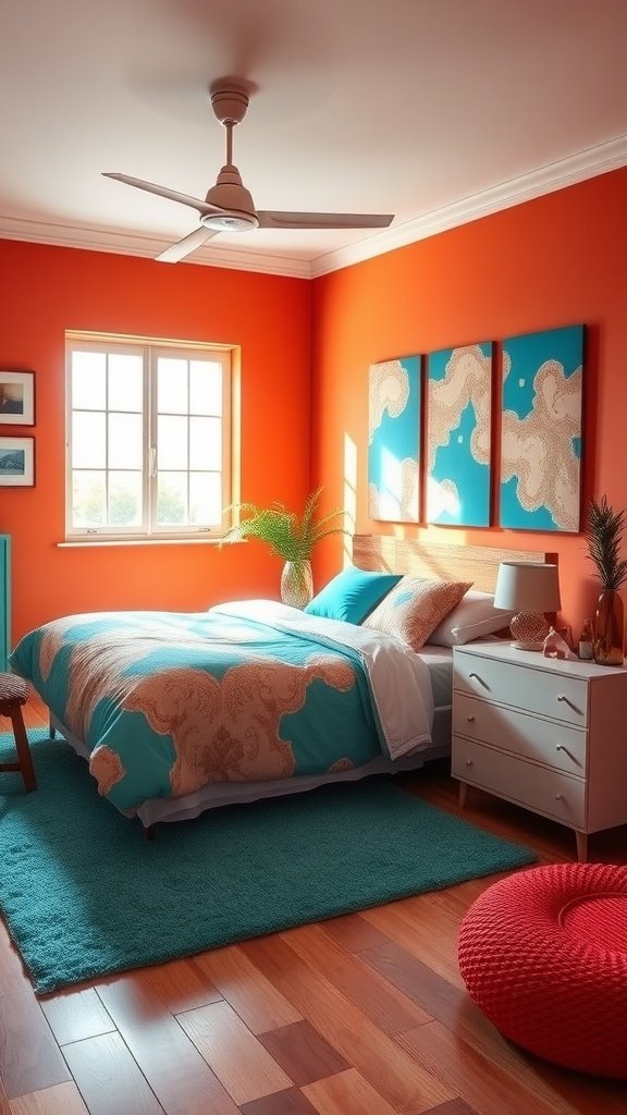 A vibrant bedroom featuring sunset orange walls and turquoise accents.