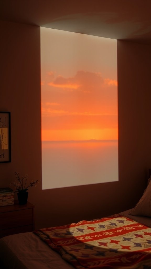 A cozy bedroom featuring a sunset projection light casting warm colors on the wall.