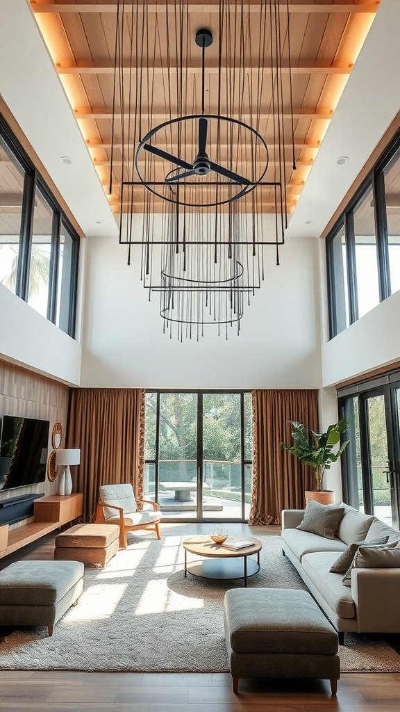 A modern living room featuring a stylish suspended ceiling with unique lighting.