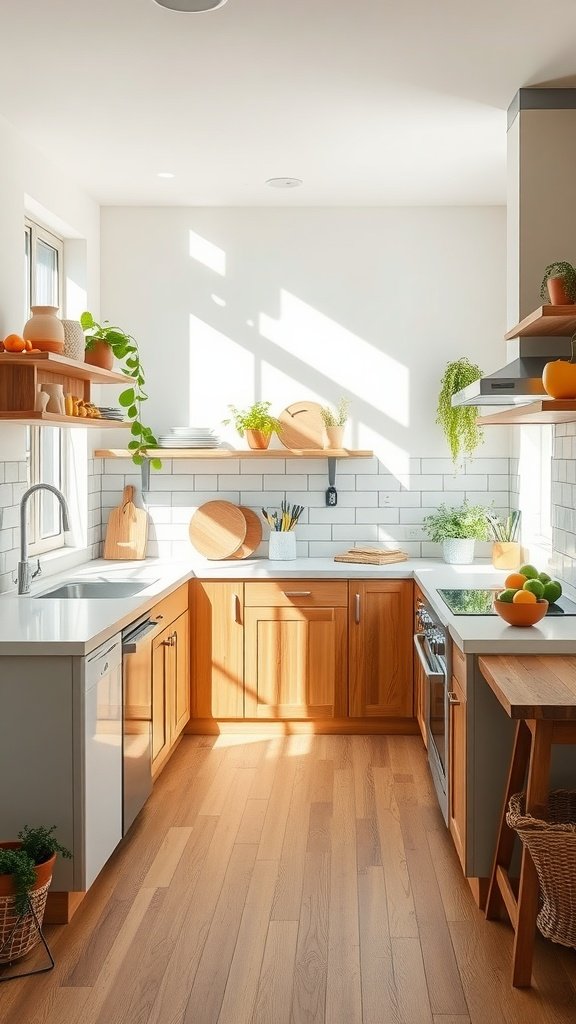 A bright and airy kitchen with wooden cabinets, plants, and natural light.