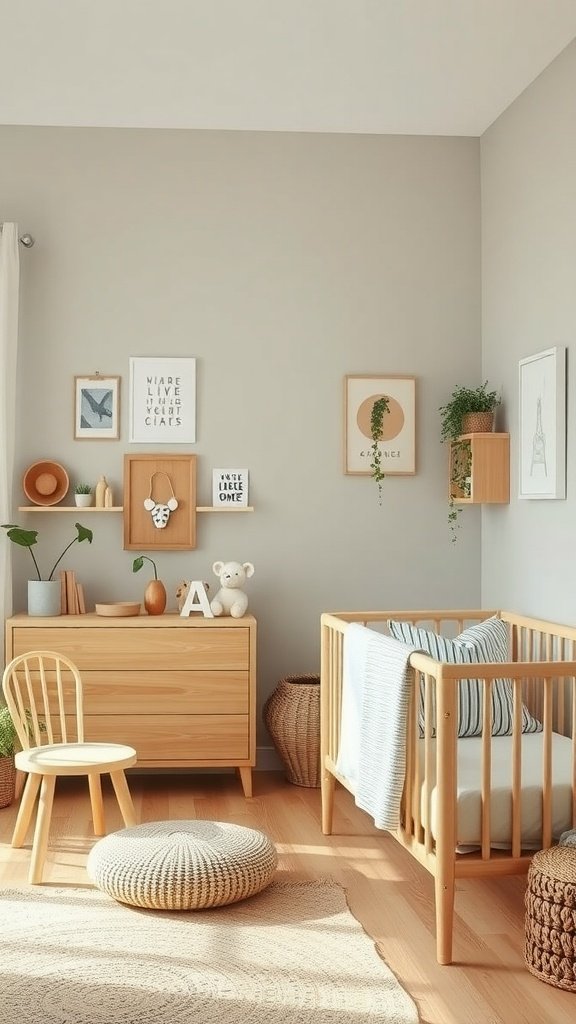 A serene, eco-friendly nursery featuring wooden furniture, plants, and soft textiles.