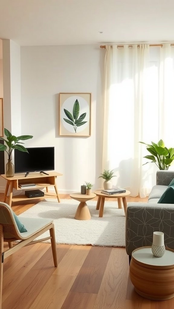 A cozy living room featuring Japandi and Scandinavian design elements with plants, light curtains, and natural wood furniture.