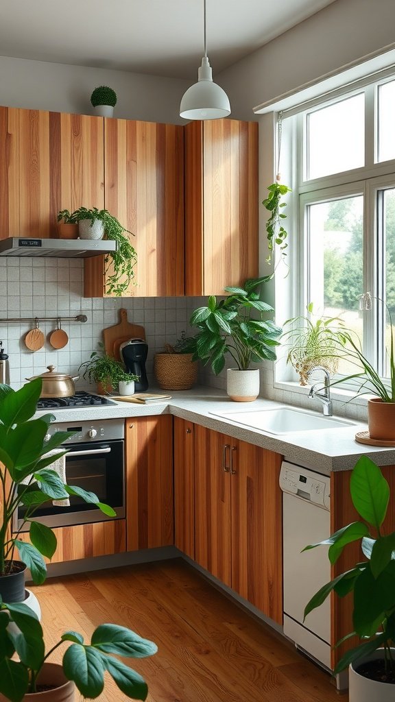A modern modular kitchen featuring wooden cabinets and houseplants.