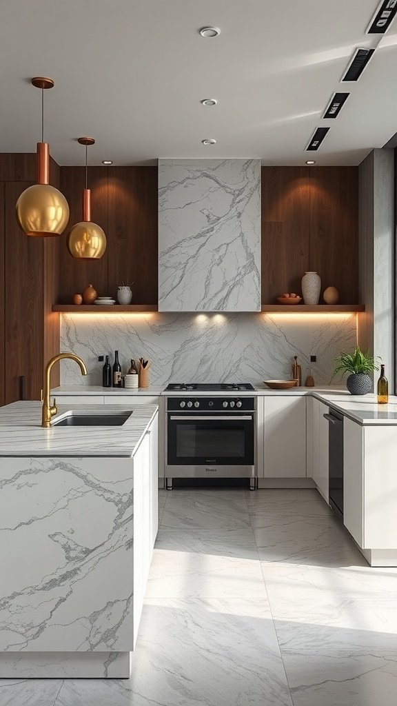 A modern kitchen featuring marble countertops and luxe fixtures.