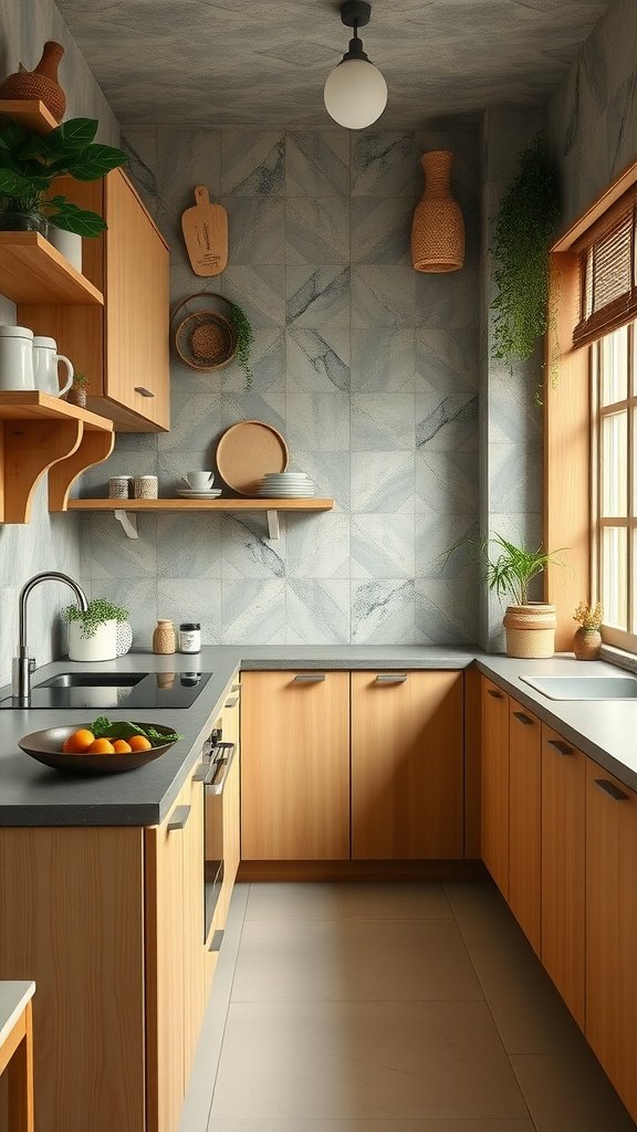 A modern kitchen showcasing wooden cabinets, natural stone accents, and greenery, embodying earthy aesthetics.