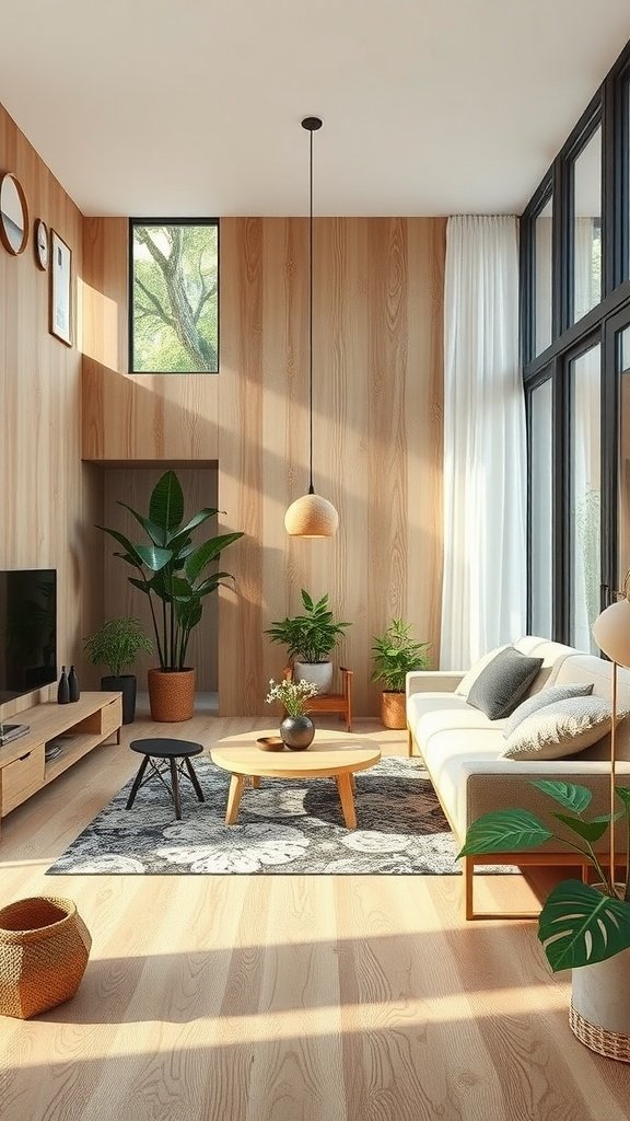 An organic modern living room featuring sustainable plywood elements.